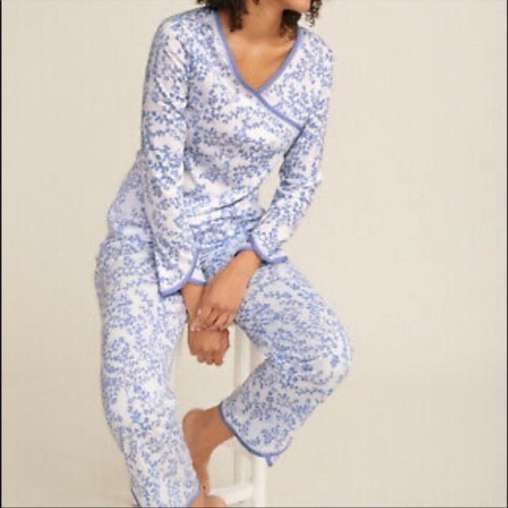 Garnet Hill Asian Wrap Organic Cotton Floral Pajama Pajamas Set Lilac Womens M